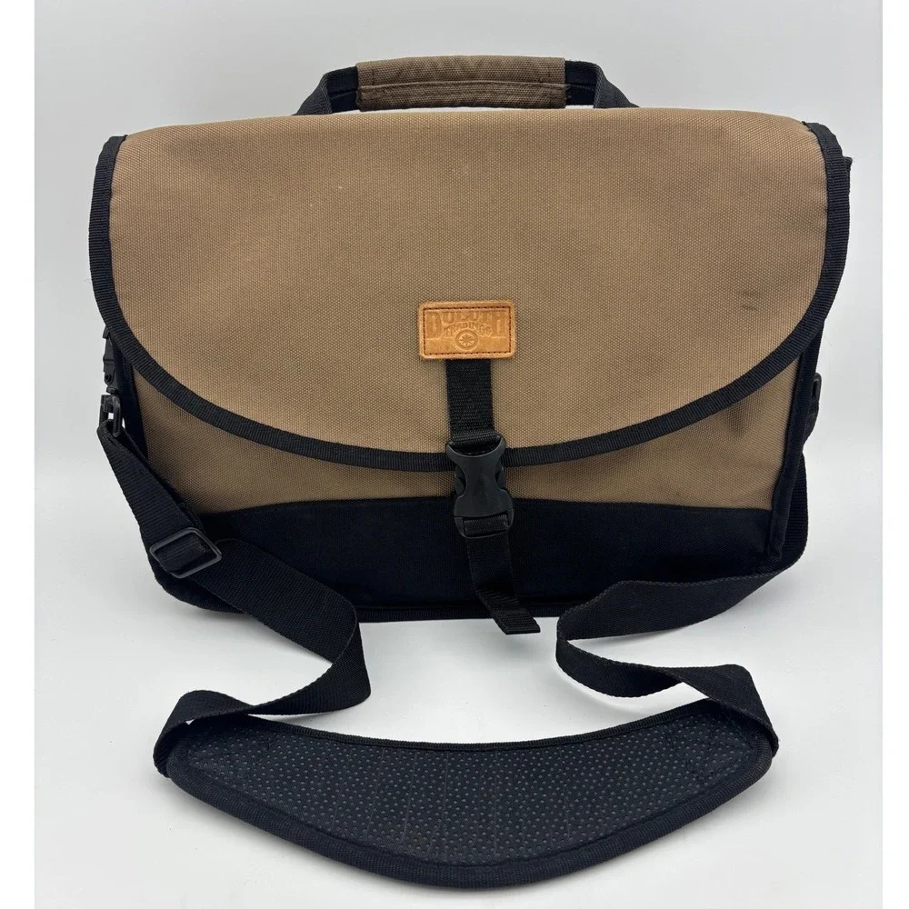 DULUTH TRADING CO Messenger Bag Laptop Khaki Black Canvas Utility Work Tan Brown
